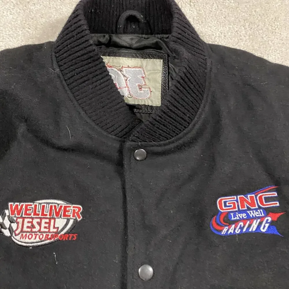 VTG Varsity Bomber Jacket Mens 2XL Black Wool Leather Racing GNC Racing 90s